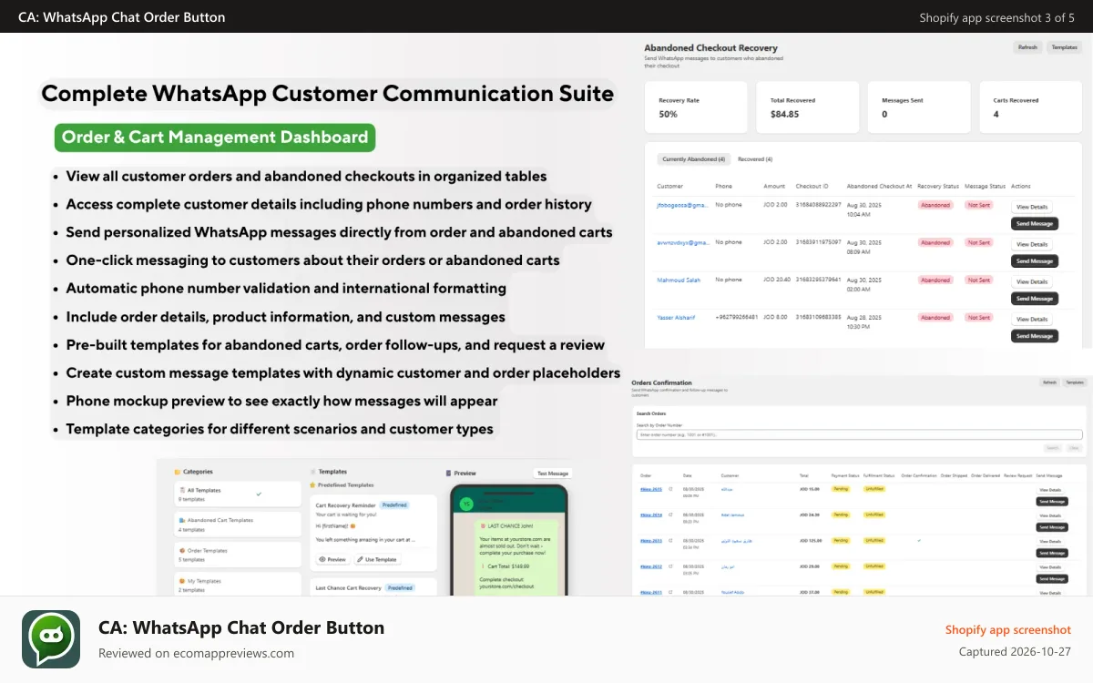 CA: WhatsApp Chat Order Button Shopify app screenshot: Complete Shopify WhatsApp Customer Communication Suite