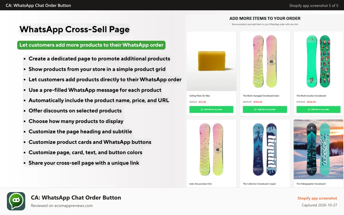 CA: WhatsApp Chat Order Button Shopify app screenshot: WhatsApp Cross-Sell Page - CA: WhatsApp Order Button