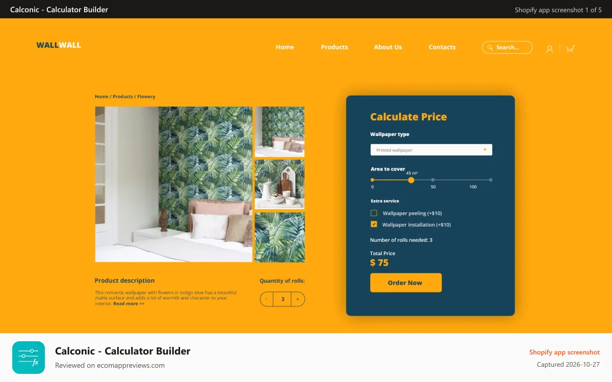 Calconic ‑ Calculator Builder Shopify app screenshot: Embed your custom calculator to your Shopify store