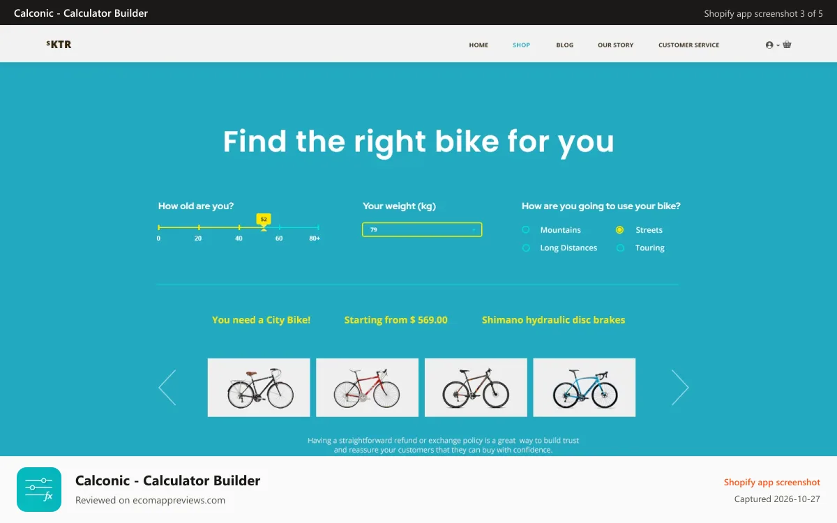 Calconic ‑ Calculator Builder Shopify app screenshot: Building your calculator requires no prior programming skills