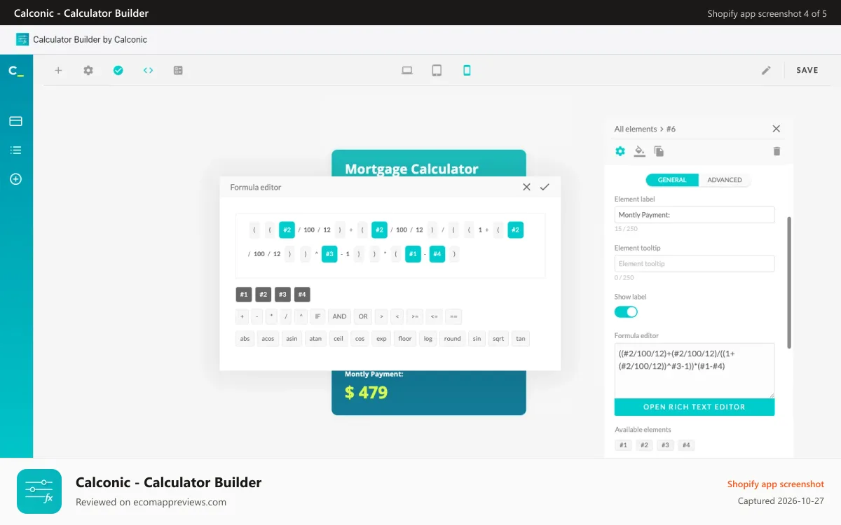 Calconic ‑ Calculator Builder Shopify app screenshot: Use our Advanced Formula Editor to easily build complex formula
