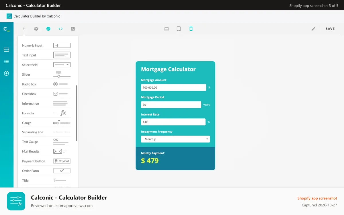 Calconic ‑ Calculator Builder Shopify app screenshot: Buid your calculators with our easy-to-use drag and drop editor