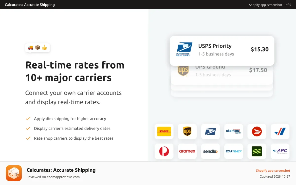 Calcurates: Accurate Shipping Shopify app screenshot: carrier rates, live rates, ups rates, fedex rates, usps rates