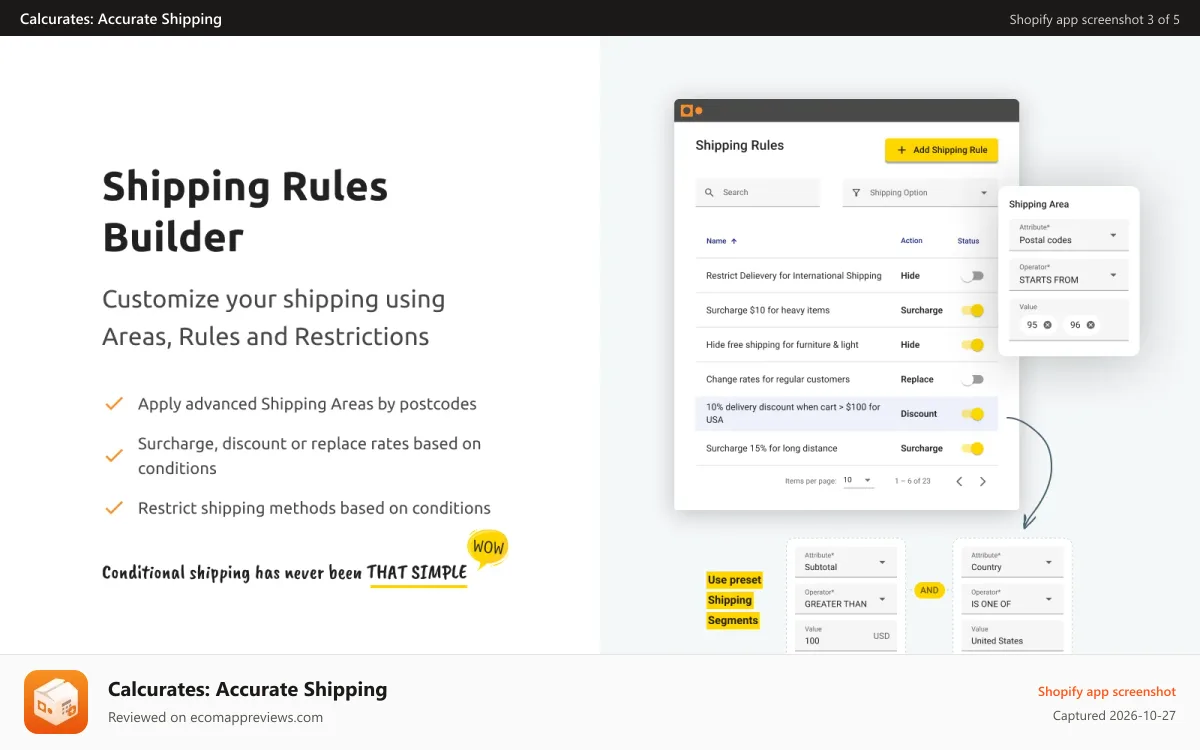 Calcurates: Accurate Shipping Shopify app screenshot: advanced shipping rules and zones by postal codes, zip codes