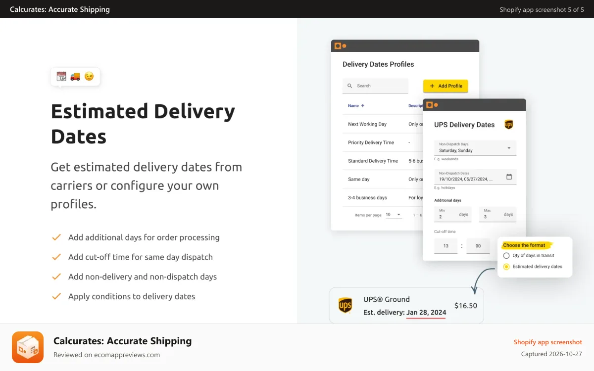 Calcurates: Accurate Shipping Shopify app screenshot: estimated delivery dates, carrier delivery dates, shipping dates