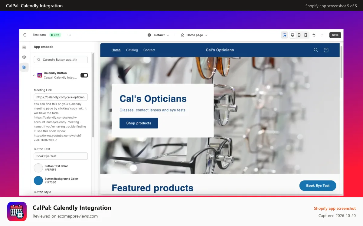 CalPal: Calendly Integration Shopify app screenshot: Theme Editor with Calendly App Embed
