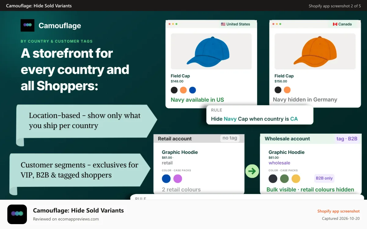 Camouflage: Hide Sold Variants Shopify app screenshot: country and customer tag based hiding