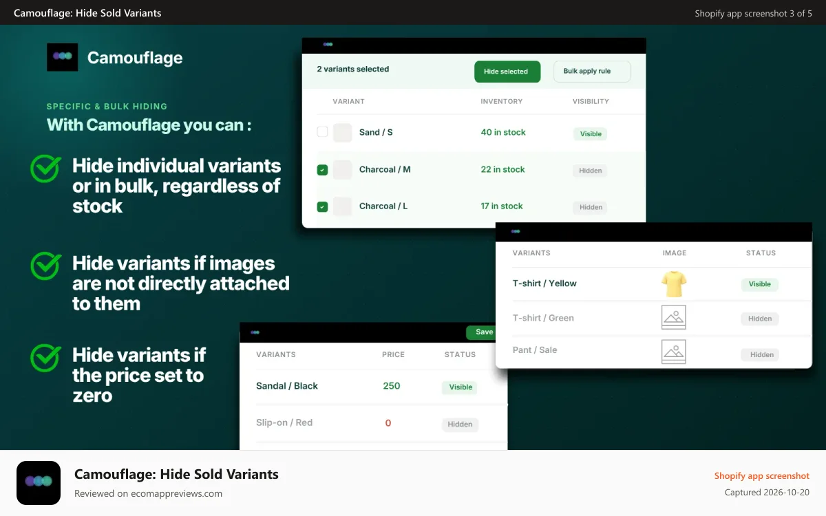 Camouflage: Hide Sold Variants Shopify app screenshot: Hide any variant, regardless of stock