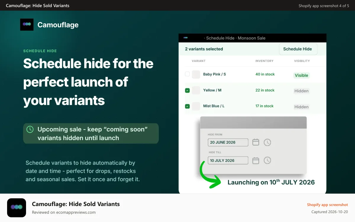 Camouflage: Hide Sold Variants Shopify app screenshot: Schedule hiding by selecting date range