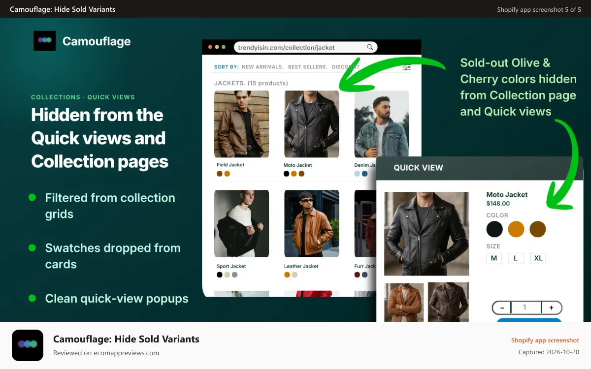 Camouflage: Hide Sold Variants Shopify app screenshot: Hide from collection pages and quick views