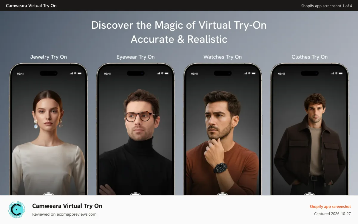 Camweara Virtual Try On Shopify app screenshot: Best Virtual Try-On for jewellery, eyeglasses, clothes