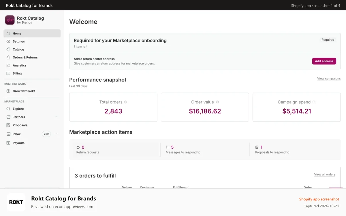 Rokt Catalog for Brands Shopify app screenshot: Rokt Catalog for Brands overview page