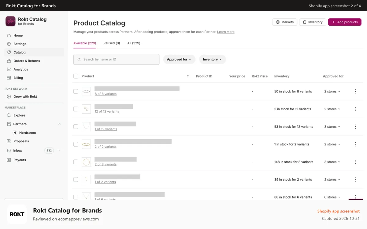 Rokt Catalog for Brands Shopify app screenshot: Manage your products on the Rokt Catalog network