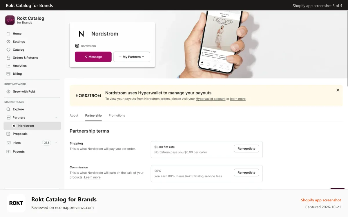 Rokt Catalog for Brands Shopify app screenshot: Negotiate and view your dropping terms with your partners