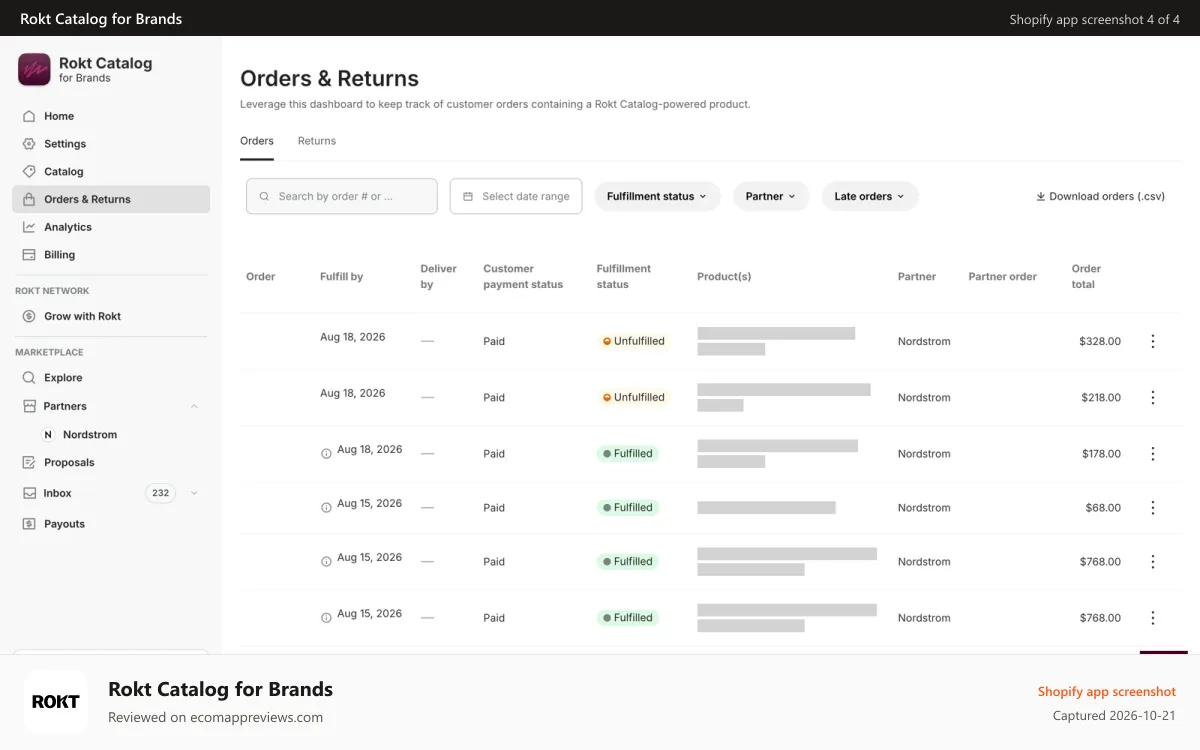 Rokt Catalog for Brands Shopify app screenshot: See your orders and returns on the network extension