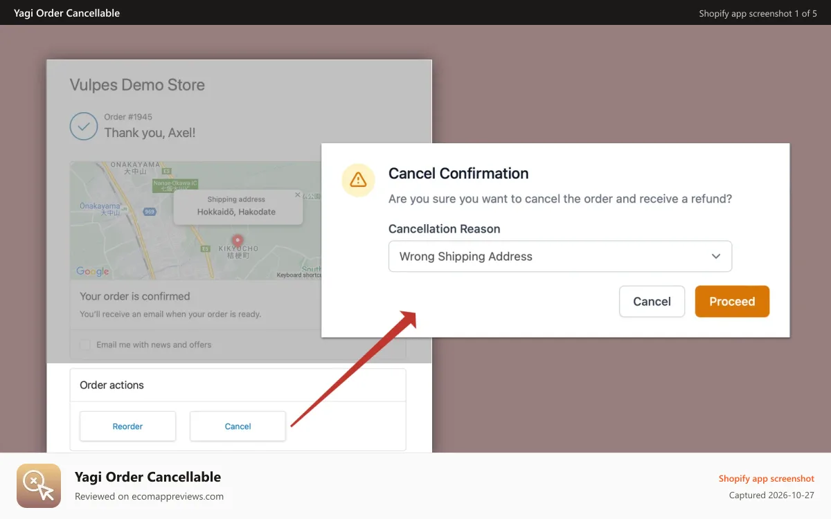 Yagi Order Cancellable Shopify app screenshot: Let customer cancel and reorder easily on their own