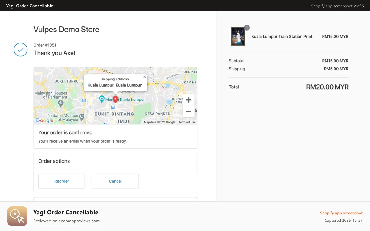 Yagi Order Cancellable Shopify app screenshot: Customer can cancel order and reorder on order status page