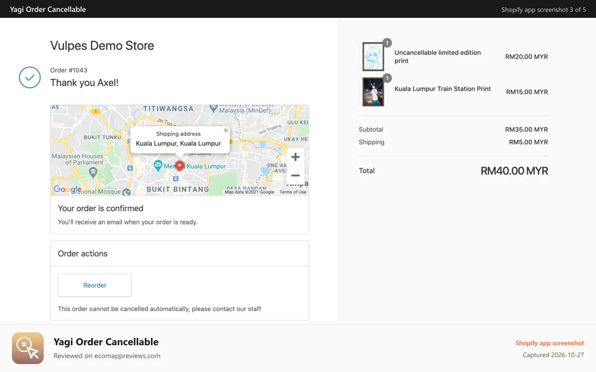 Yagi Order Cancellable Shopify app screenshot: Manually disable customer cancellation on specific orders