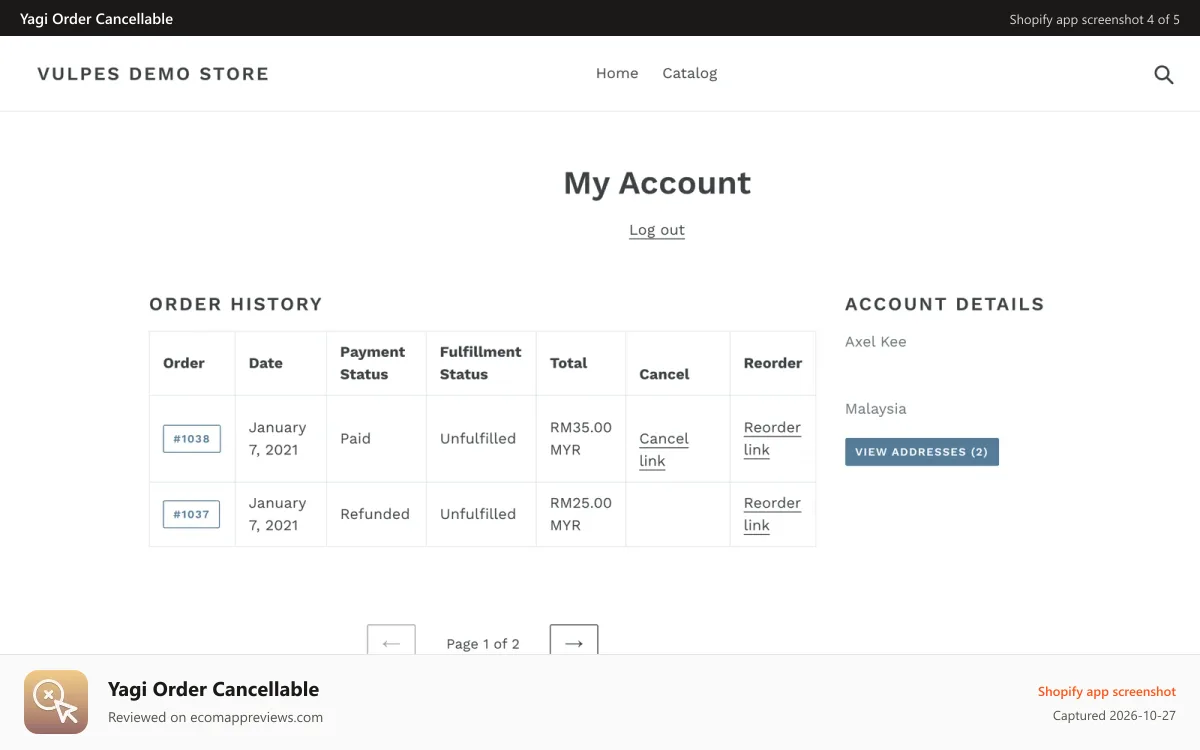 Yagi Order Cancellable Shopify app screenshot: Add Cancel order and Reorder link in customer account page