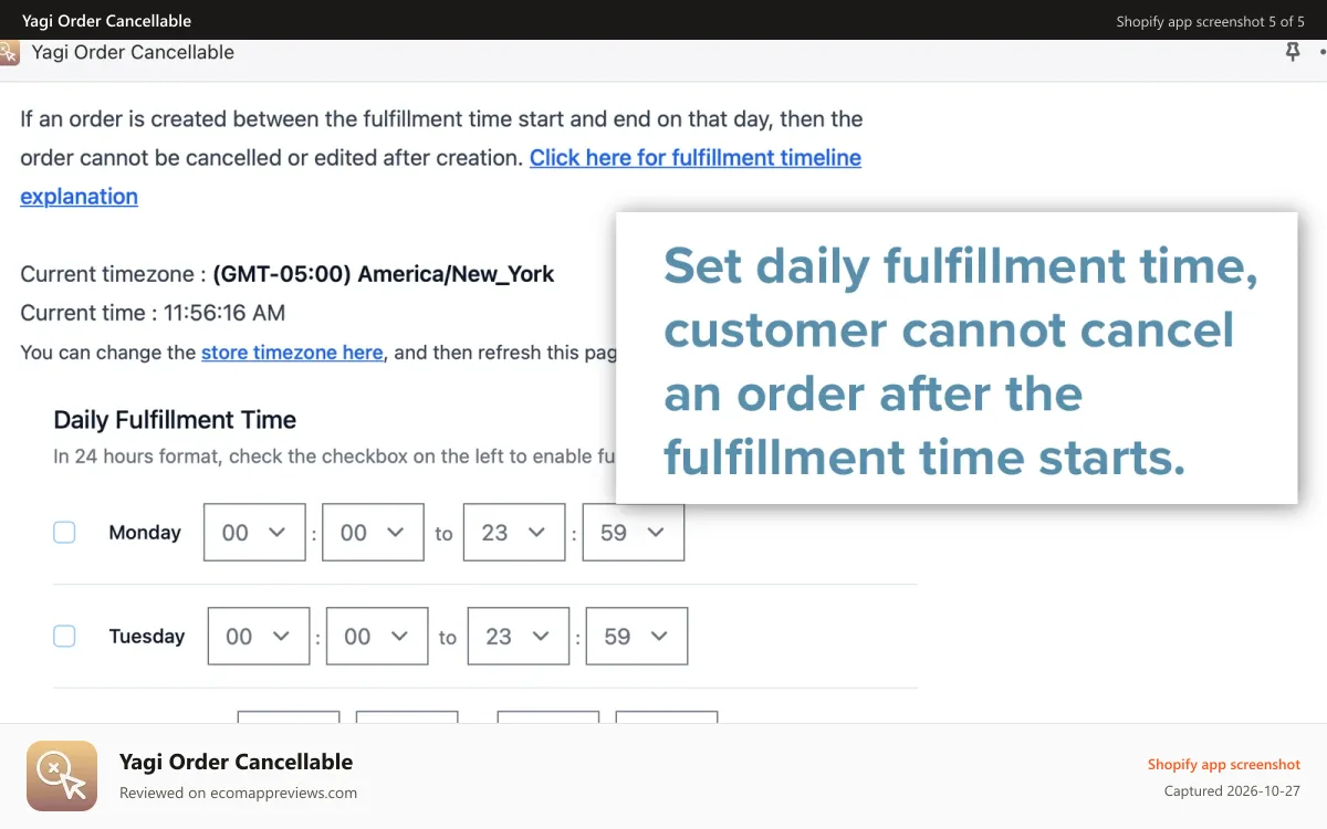 Yagi Order Cancellable Shopify app screenshot: Customizable fulfillment time to disable cancellation