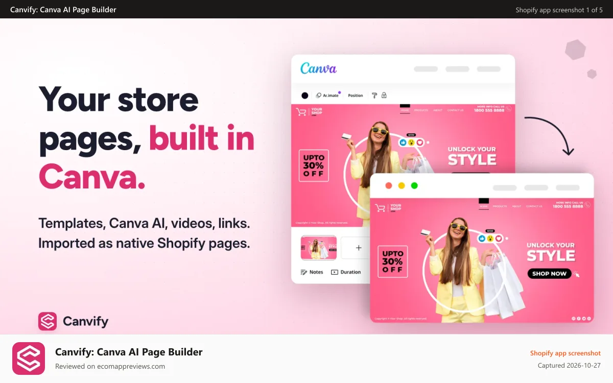 Canvify: Canva AI Page Builder Shopify app screenshot: Design Shopify landing pages in Canva