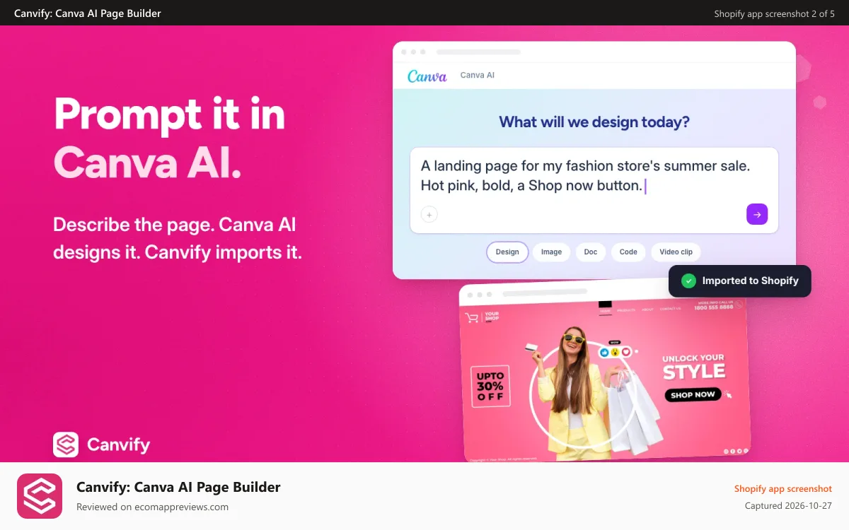 Canvify: Canva AI Page Builder Shopify app screenshot: Prompt in Canva AI