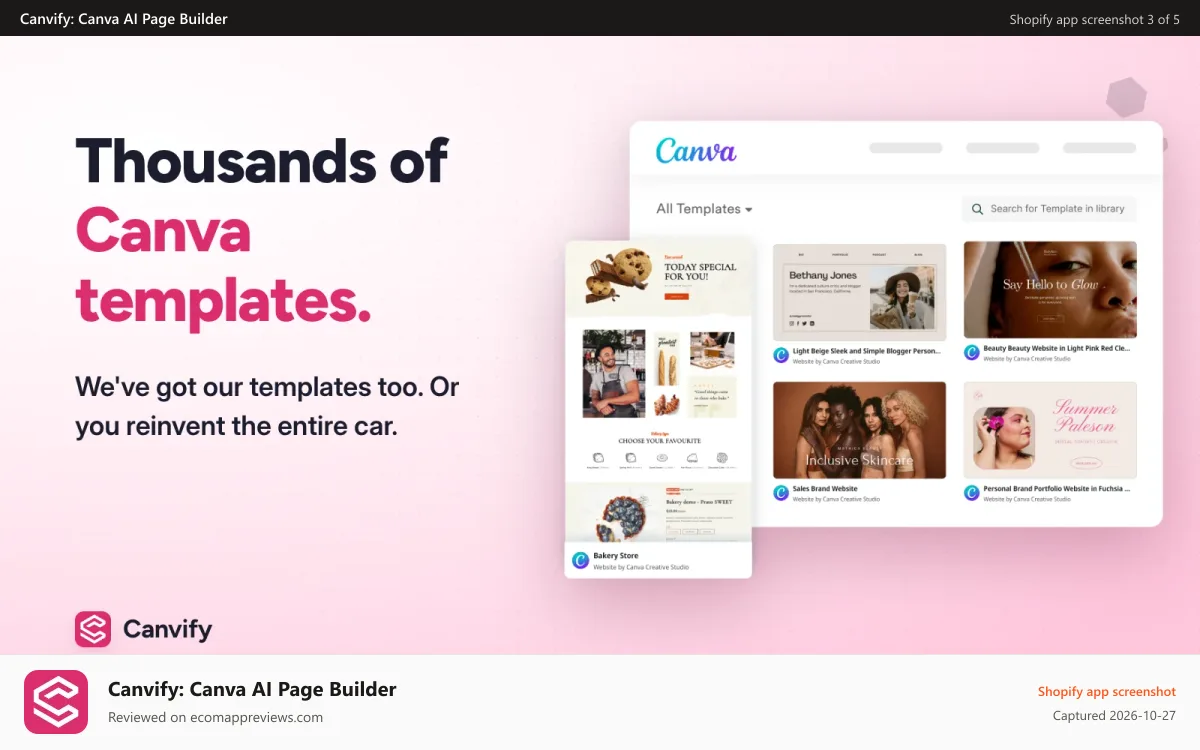 Canvify: Canva AI Page Builder Shopify app screenshot: Use thousands of templates