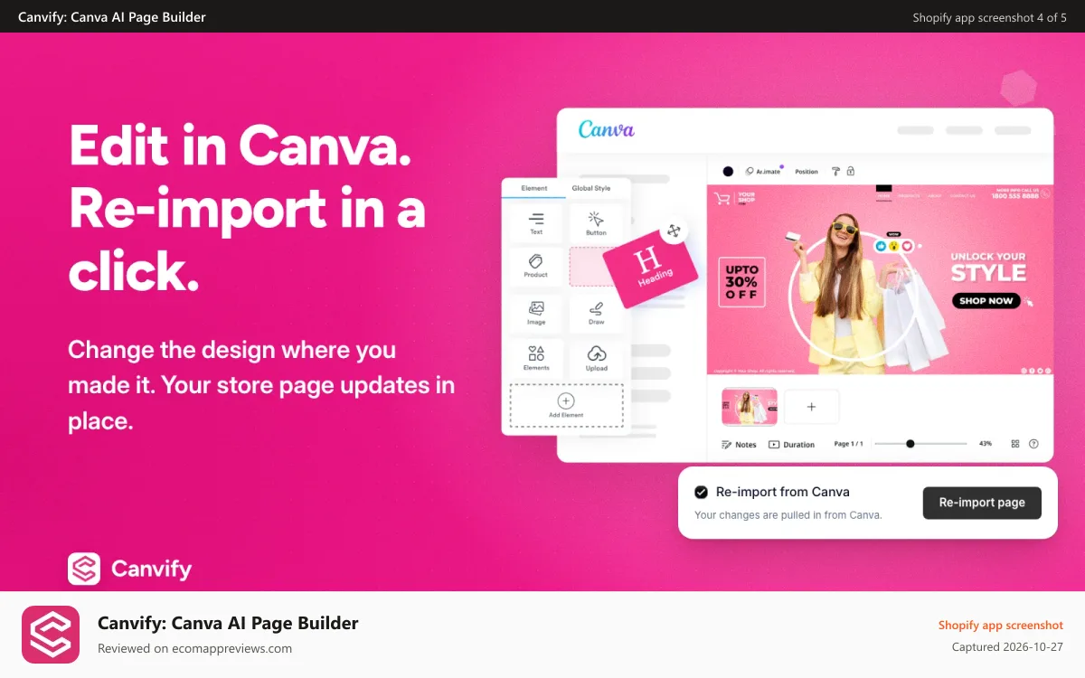 Canvify: Canva AI Page Builder Shopify app screenshot: Edit in Canva