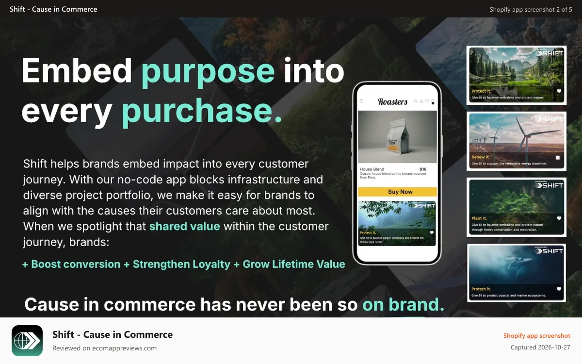 Shift ‑ Cause in Commerce Shopify app screenshot: Embed purpose into every purchase with Shift