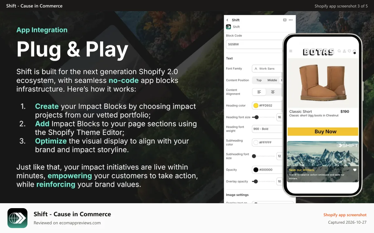 Shift ‑ Cause in Commerce Shopify app screenshot: Plug & Play seamless no-code integration with Shift