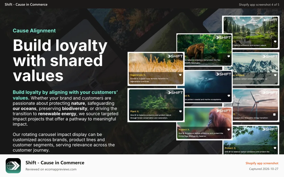Shift ‑ Cause in Commerce Shopify app screenshot: Build loyalty and shared values with Shift