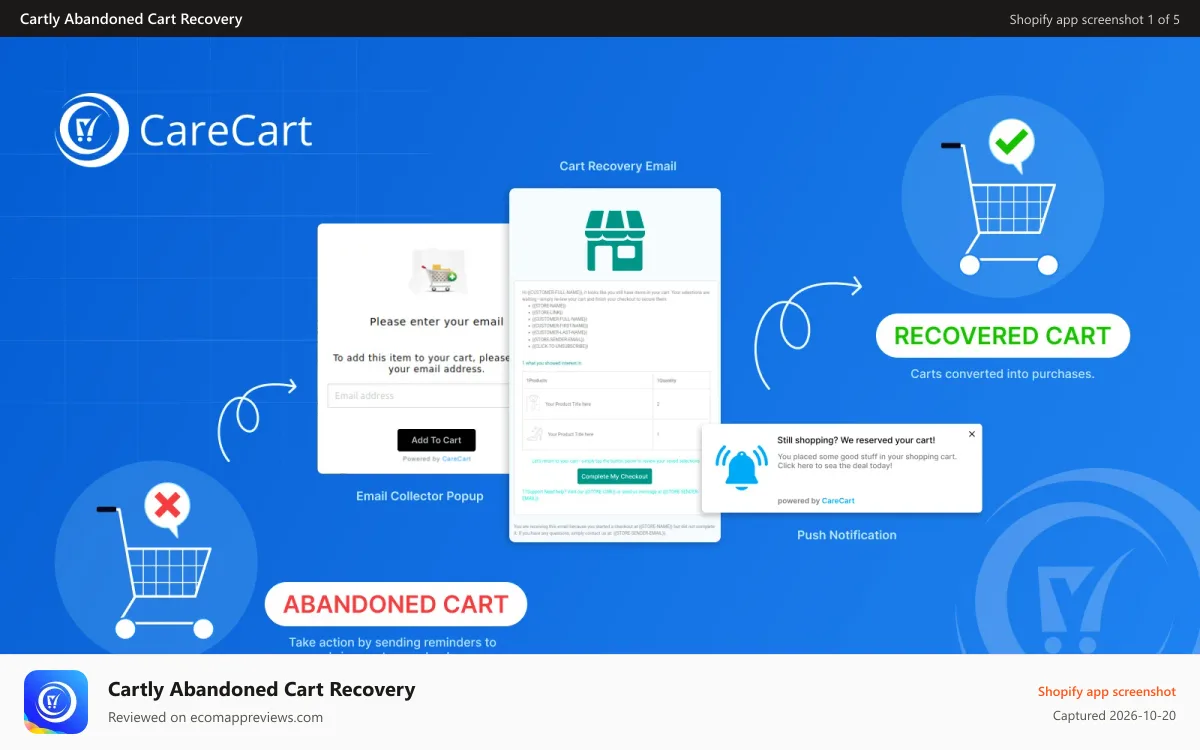 Cartly Abandoned Cart Recovery Shopify app screenshot: care cart abandoned cart recovery shopify app