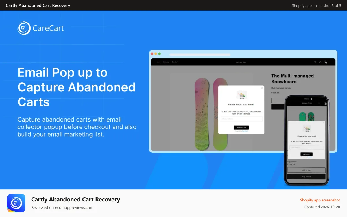 Cartly Abandoned Cart Recovery Shopify app screenshot: Collect customer emails