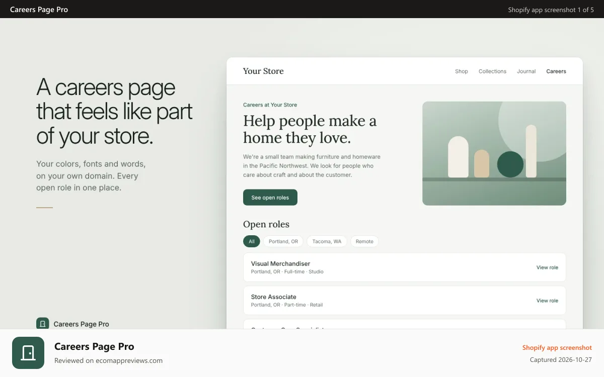 Careers Page Pro Shopify app screenshot: Branded careers page in a store with open roles and filters