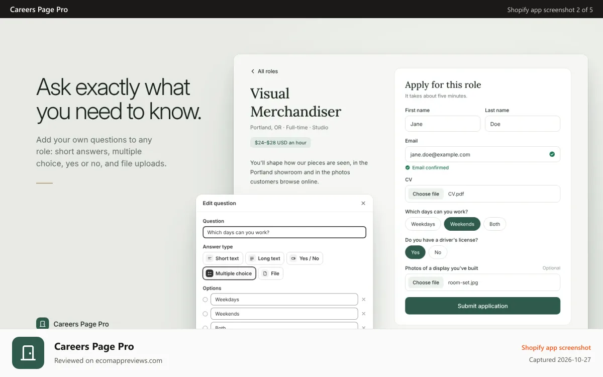Careers Page Pro Shopify app screenshot: Job application form with custom questions and question editor