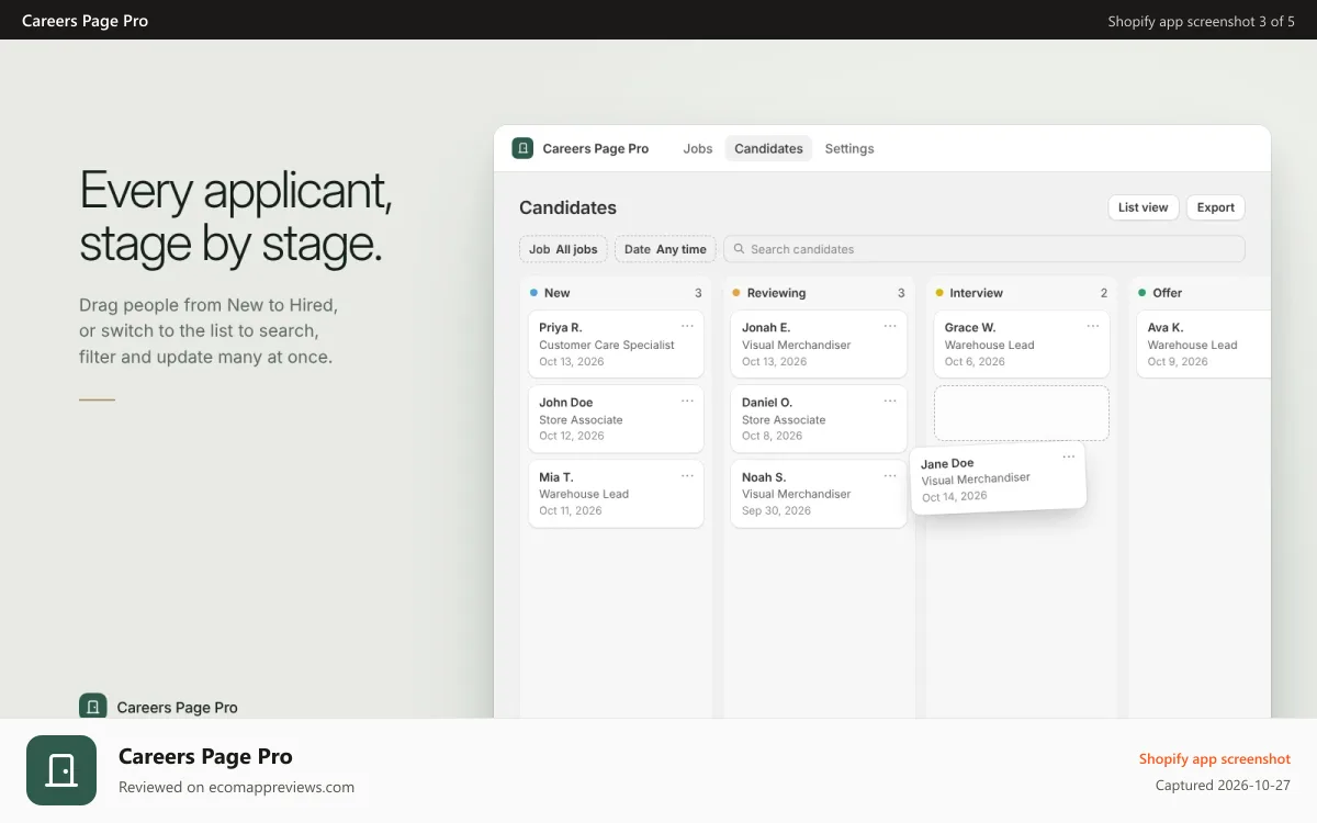 Careers Page Pro Shopify app screenshot: Candidate board with applicants moving through hiring stages