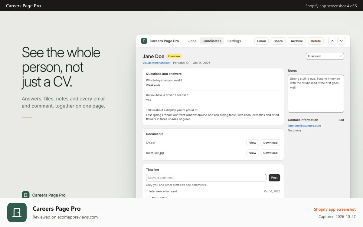 Careers Page Pro Shopify app screenshot: Candidate page with answers, documents, notes and timeline