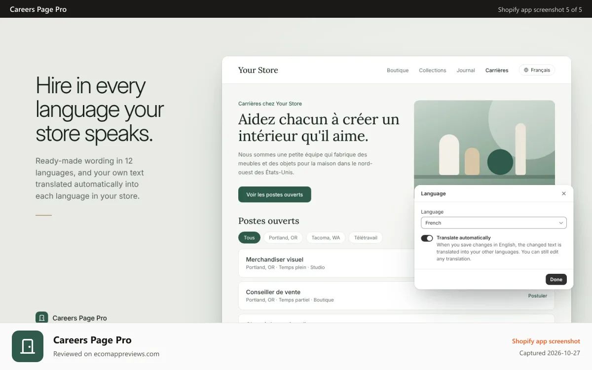 Careers Page Pro Shopify app screenshot: Careers page in French with automatic translation settings