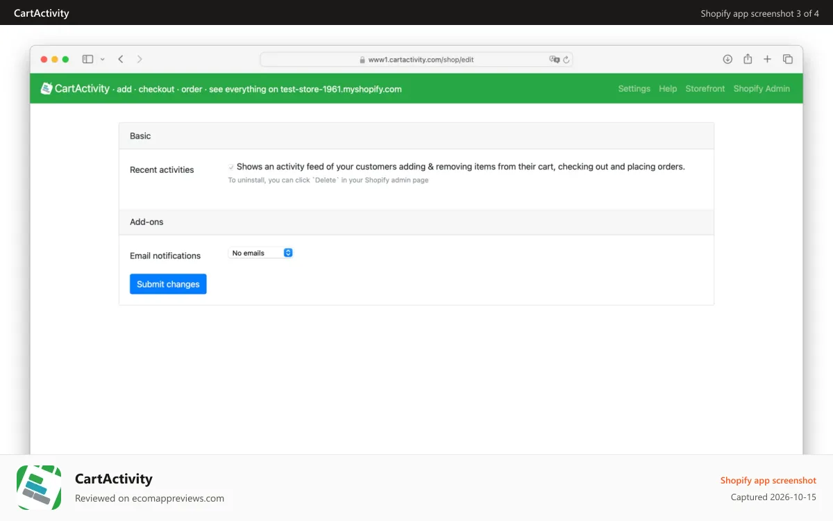 CartActivity Shopify app screenshot: Settings page