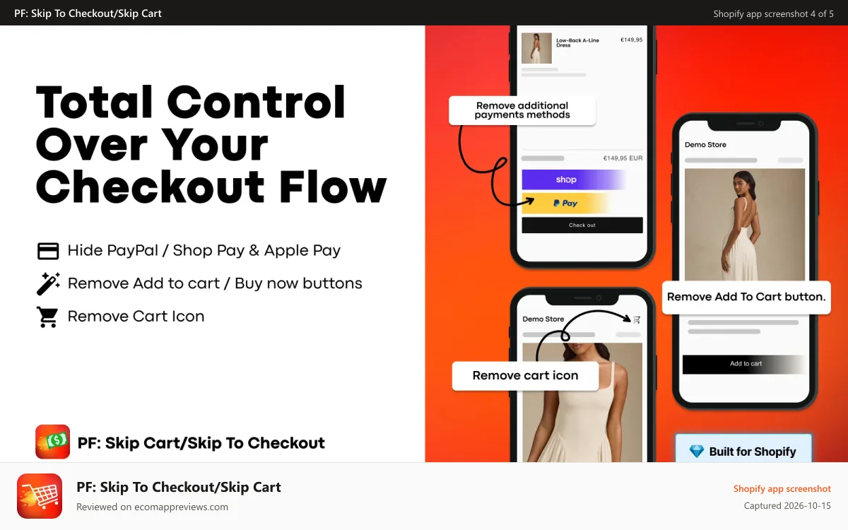 PF: Skip To Checkout/Skip Cart Shopify app screenshot: The app's easy to use dashboard with customizable settings