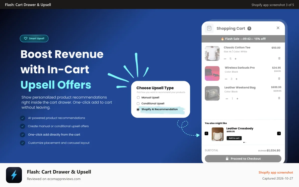 Flash: Cart Drawer & Upsell Shopify app screenshot: Smart Upsells — in-cart product recs with one-click add