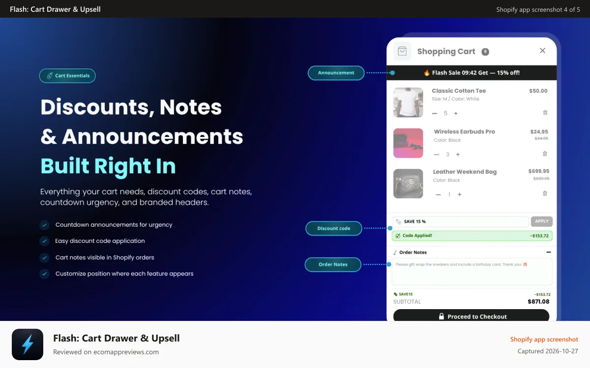 Flash: Cart Drawer & Upsell Shopify app screenshot: Cart Essentials — discount codes, notes & flash timers