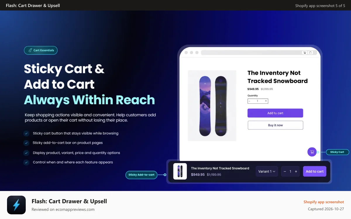 Flash: Cart Drawer & Upsell Shopify app screenshot: Sticky Cart and Add-to-Cart