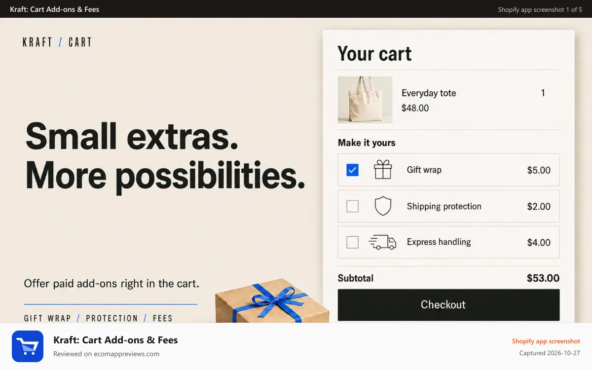 Kraft: Cart Add‑ons & Fees Shopify app screenshot: Paid gift wrap, protection and handling options in the cart