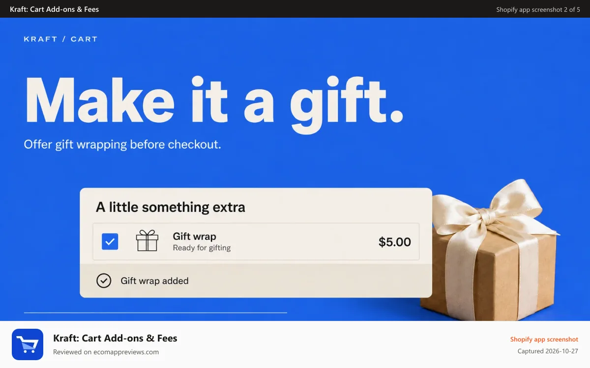 Kraft: Cart Add‑ons & Fees Shopify app screenshot: Gift wrapping selected as a paid add-on in the cart