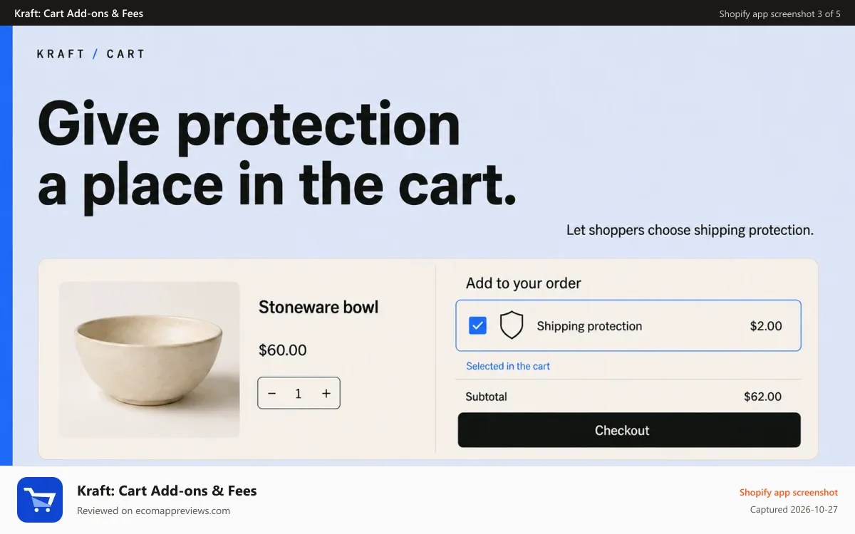 Kraft: Cart Add‑ons & Fees Shopify app screenshot: Shipping protection selected alongside the cart product