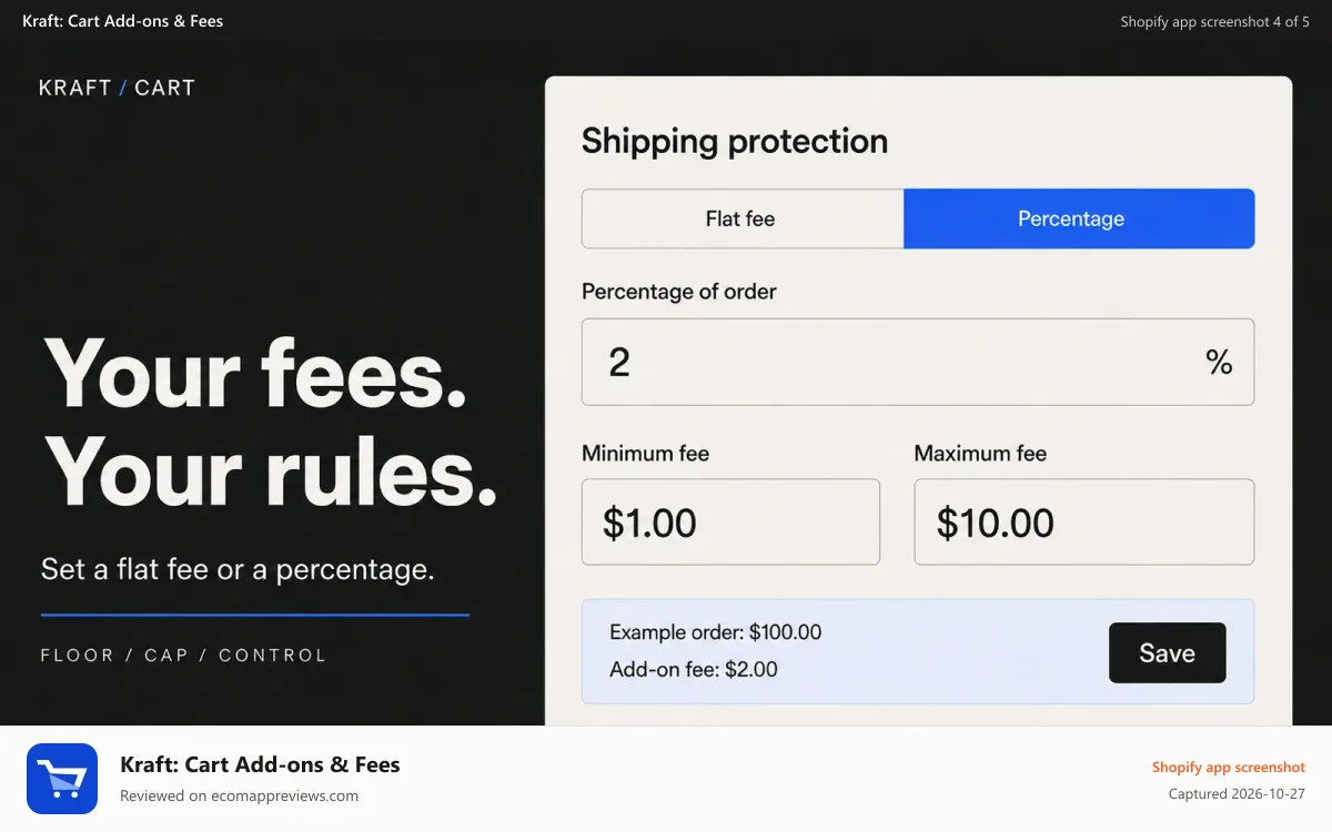 Kraft: Cart Add‑ons & Fees Shopify app screenshot: Percentage-based fees with minimum and maximum limits