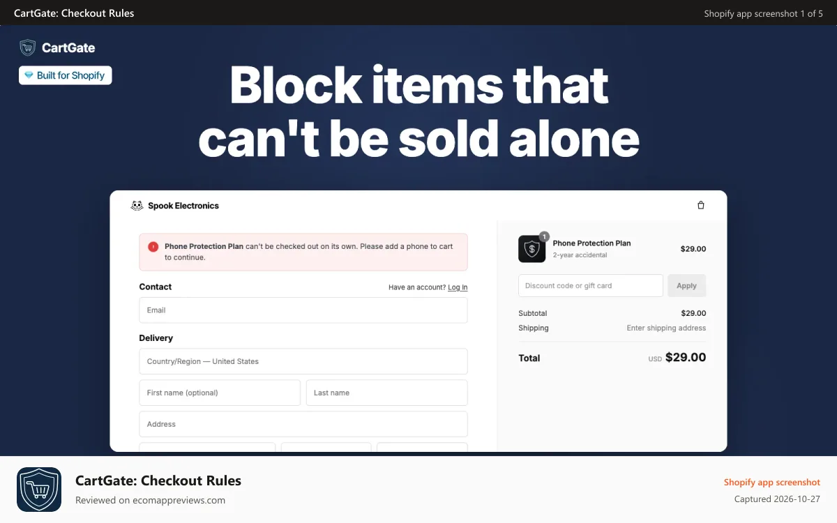 CartGate: Checkout Rules Shopify app screenshot: Checkout blocked because item can't be sold along