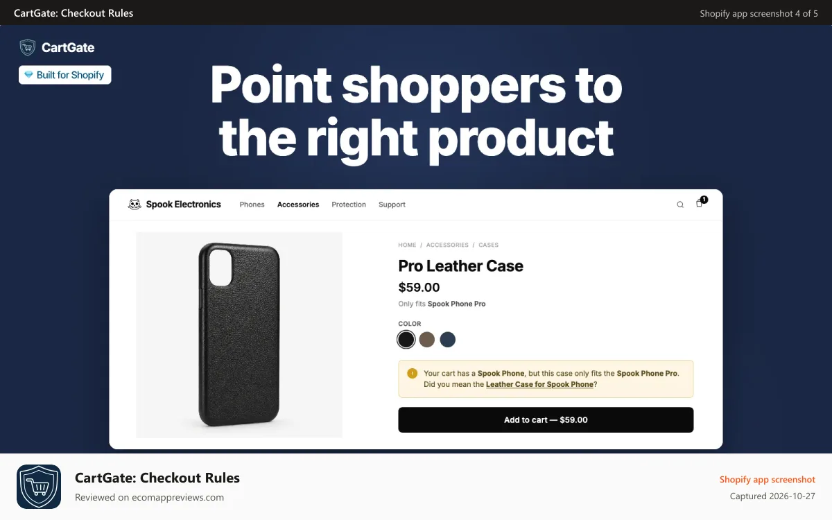 CartGate: Checkout Rules Shopify app screenshot: Showing warning option