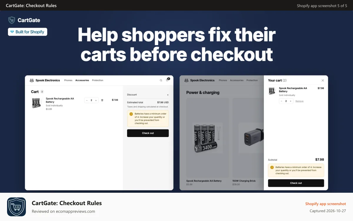 CartGate: Checkout Rules Shopify app screenshot: Warning options in cart page and cart drawer